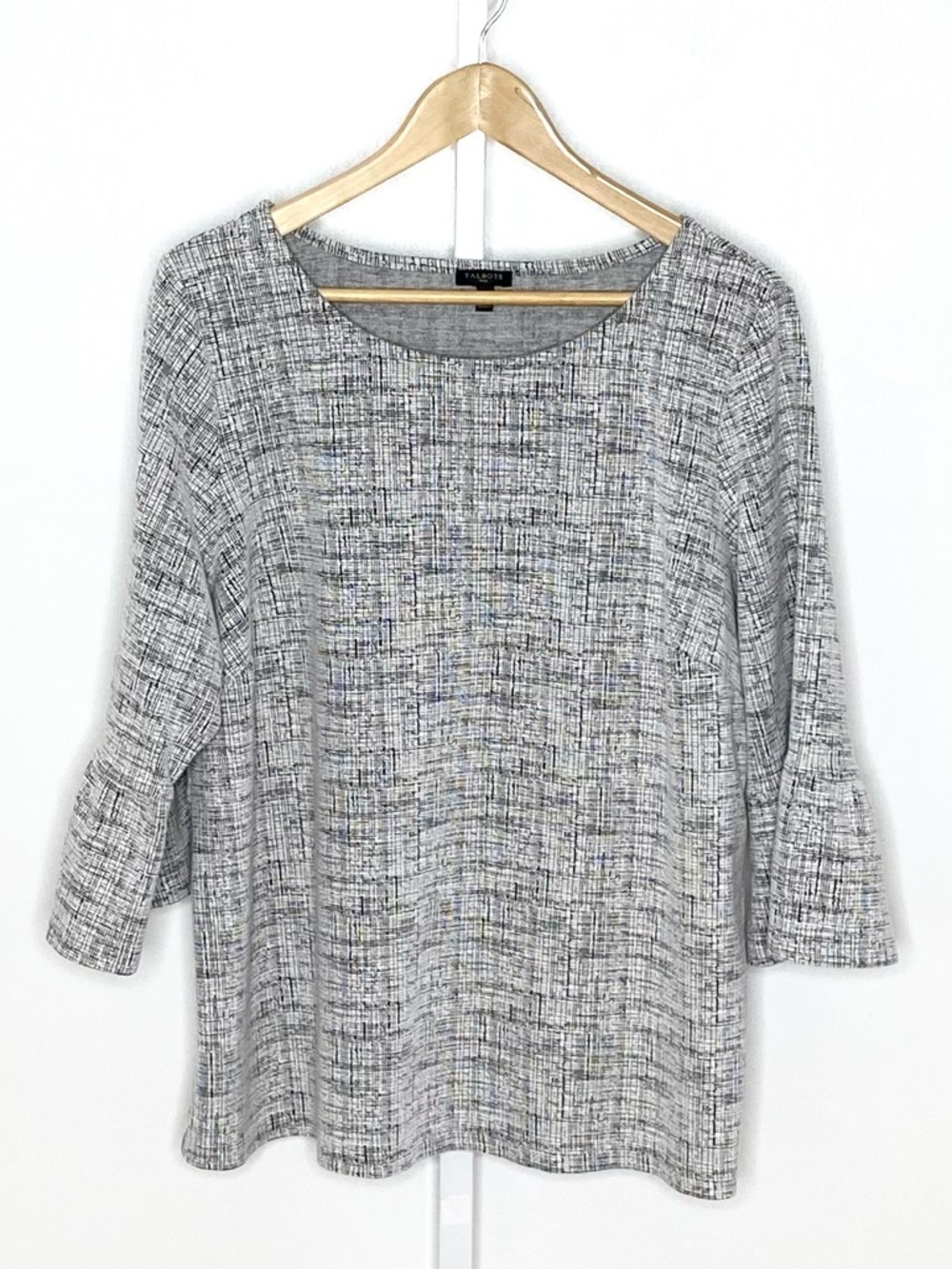 Talbots | Black/White Jacquard Tweed Pattern Flounce Bell 3/4 Sleeve Top Sz 2X